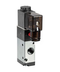 Three Way Two Position Pro Grade Pneumatic Solenoid Valve 110 Volt AC With One Quarter Inch PT Thread Inlet Outlet Normally Closed Internally Single Piloted Red Indicator Light Aluminum Body Heavy Duty Industrial Control
