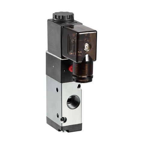 Three Way Two Position Pro Grade Pneumatic Solenoid Valve 110 Volt AC With One Quarter Inch PT Thread Inlet Outlet Normally Closed Internally Single Piloted Red Indicator Light Aluminum Body Heavy Duty Industrial Control