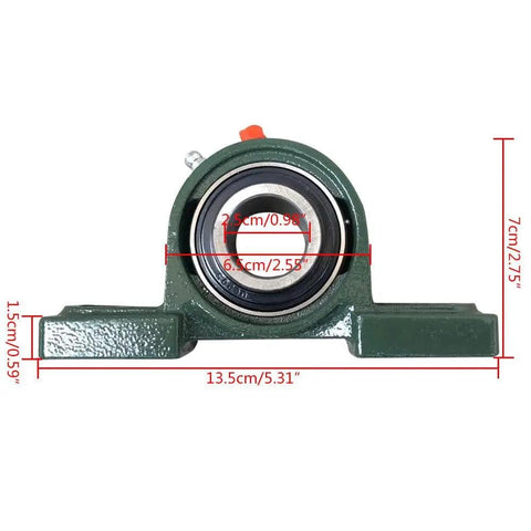 Front view of green metal bearing housing with dimensions; component of Rear Axle Direct Replacement Rubber Track Kit For Go Karts, Buggies, ATVs, Snowmobiles And Beach Motorcycles Triple Wheel Track System, Heavy Duty Safety Brake Disc, All Terrain Performance For Gas Powered Rides.