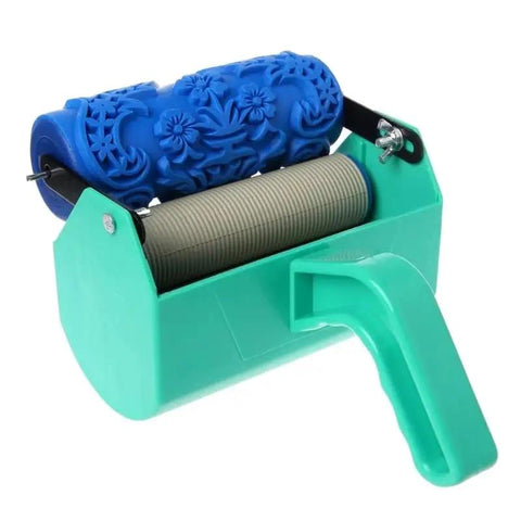 Kickass Diy Paint Roller Machine For Single Color Wall Decoration With Easy Grip Handle showcasing blue texture roller and green housing.