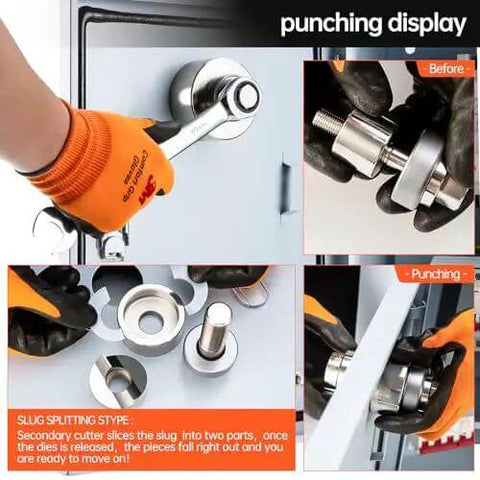 Manual Knockout Hole Punch Driver Kit 1/2 To 2 Inch Conduit Cutter Set in use for creating holes in electrical panels.