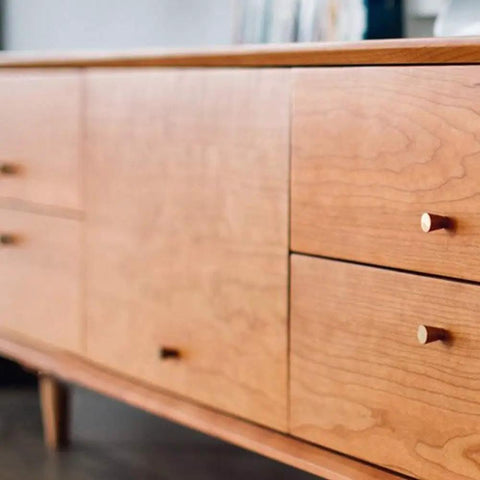 Mid-century dresser with Vintage Bronze Drawer Knobs Set Of Four, Solid Brass Cone Cabinet Pulls, antique finish, 0.79x0.98 inches.
