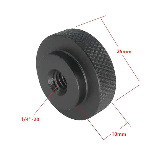 Two Pack 25mm Knurled Thumb Wheel Lock Nut Adapter With 1/4-20 Female Thread Aluminum Black Large Edge Grip For Camera Tripods Easy Mount And Lock Durable Quick-Connect Nut For Stable Grab-and-Go Shots.