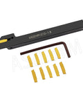 Lathe Grooving Tool Holder Kit With 12mm Shank MGEHR1212-1.5 and 11 MGMN150-G Carbide Inserts displayed with wrench