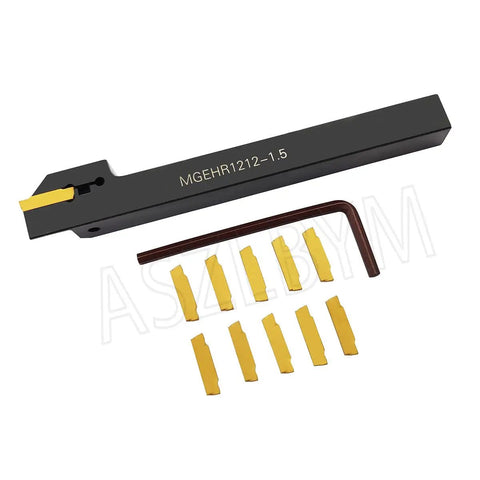 Lathe Grooving Tool Holder Kit With 12mm Shank MGEHR1212-1.5 and 11 MGMN150-G Carbide Inserts displayed with wrench