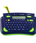 Front view of handheld label maker for home and small office with one touch time and date stamp, 71 symbols, and framing options.