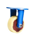 Heavy Duty Swivel Casters With Brakes Rock Solid Iron Core Nylon Wheels For Industrial Machinery Medical Carts close-up of blue steel mount and nylon wheel.