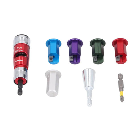 Jiawu Electric Drill Wire Stripper Bits Set For 6-14 AWG Solid Al Cable with various colored stripping heads and adapter.