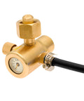 Brass pressure regulator with attached black hose for heavy duty applications, featuring gauge and screw adjustment.