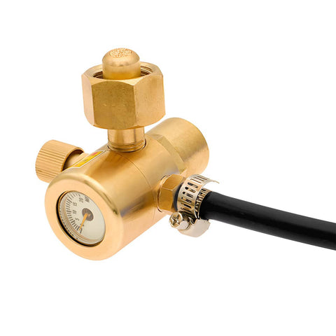 Brass pressure regulator with attached black hose for heavy duty applications, featuring gauge and screw adjustment.