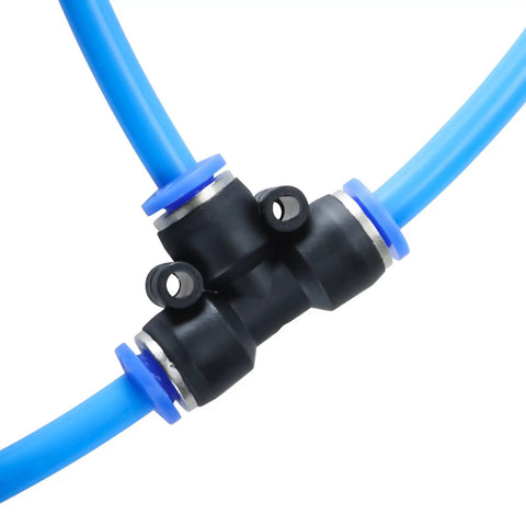 Close-up of 100 Ft 6mm ID 4mm OD Polyurethane Air Hose Ultra Flexible Pneumatic Tubing Blue connected with black fitting