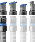 Power Tool Dust Collection Hose Kit With Click Connect showing 12 ft hose, FlexiPorts, and leak-free connectors for woodworking.