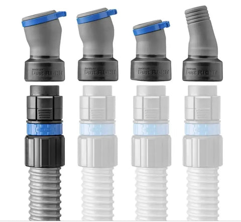 Power Tool Dust Collection Hose Kit With Click Connect showing 12 ft hose, FlexiPorts, and leak-free connectors for woodworking.