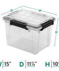 Three Pack 19 Quart Clear Plastic Storage Containers Featuring Bulletproof IP68 Waterproof Rating Kickass Silicone Gasket And Rock Solid Latches For Hella Reliable Outdoor Gear Organization And Smooth Carry, clear container with measurements.