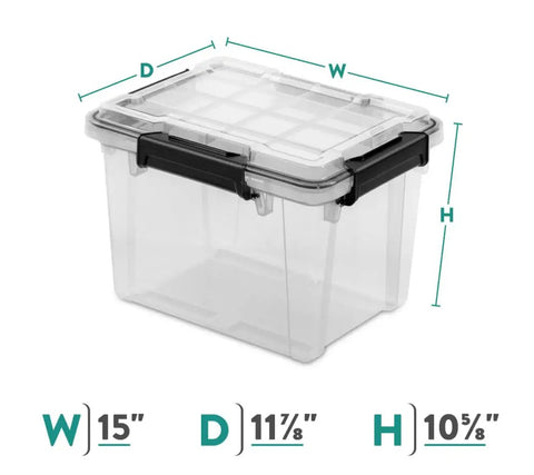 Three Pack 19 Quart Clear Plastic Storage Containers Featuring Bulletproof IP68 Waterproof Rating Kickass Silicone Gasket And Rock Solid Latches For Hella Reliable Outdoor Gear Organization And Smooth Carry, clear container with measurements.