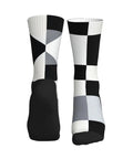 Fresh Black And White Piano Grid Print Crew Socks For Men And Women Straight Up Comfy Polyester Athletic Hosiery with patterned design.