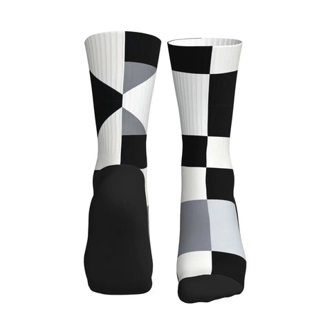Fresh Black And White Piano Grid Print Crew Socks For Men And Women Straight Up Comfy Polyester Athletic Hosiery with patterned design.