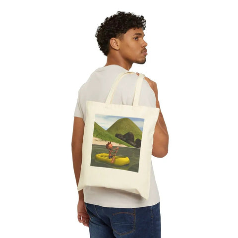 Cartoon Man On Ocean Rowing Cotton Canvas Tote Bag With 15 By 16 Inch Size 20 Inch Self Fabric Handles Reinforced Stitching Beige Color