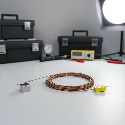 K Type Thermocouple Probe With 2 Pin Flat Mini Connector And 78 Inch Fiberglass Insulated Lead Ready To Roll Temperature Sensor For -58F To 752F Range Compatible With Most K Type Thermometers Controllers And Data Loggers coiled on table
