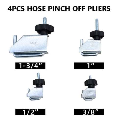 4-piece hose pinch-off pliers set in sizes 1-3/4", 1", 1/2", and 3/8", part of All In One Hose Clamp Pliers Set for Auto Maintenance