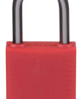 Compact Lockout Tagout Padlock Personal Safety Kit Red for Job Sites with Tough Thermoplastic Body One Quarter Inch Shackle Diameter and One Inch Shackle Height USA Made Safety Gear shown from front view.