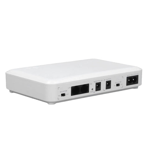 Mini Ups Battery Backup For WiFi Router And Modem 8000 Mah Uninterruptible Power Supply in white, featuring ports for connectivity.