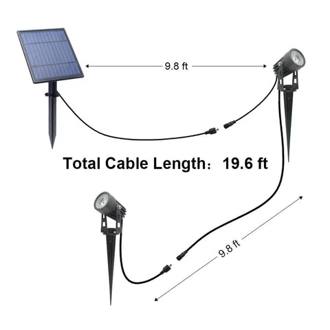Built Tough Metal Solar Spot Lights Outdoor With 9.8 Foot Cable Low Voltage IP65 Waterproof showing 19.6 ft total cable length