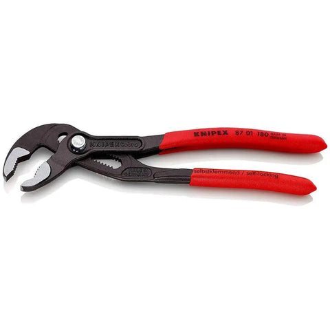 Cobra Water Pump Pliers With Seven And A Quarter Inch Length, V Jaw Style, Push Button Adjustment, Dipped Plastic Grip, Maximum Jaw Opening One And One Half Inches, Tongue And Groove Pliers For Plumbing And Mechanical Work.