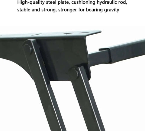 Lift Up Top Coffee Table Kit With Solid Metal Frame And Spring Hinge, close-up of steel hydraulic hinge mechanism.