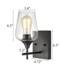 Dope Matte Black Industrial Wall Sconce with Clear Glass Shade showing dimensions and installation details