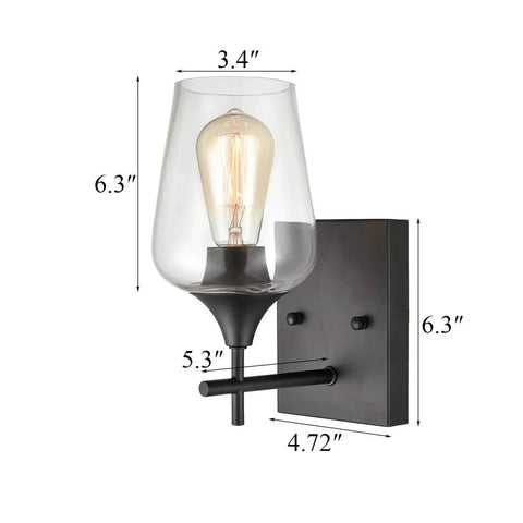 Dope Matte Black Industrial Wall Sconce with Clear Glass Shade showing dimensions and installation details