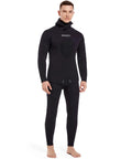 Two Piece 7mm Neoprene Spearfishing Wetsuit With Hood For Cool Water Diving And Snorkeling Long Sleeve Set Front View