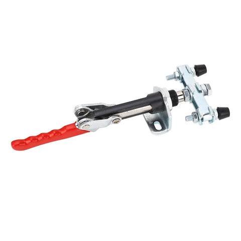 Beefy Heavy Duty Push Pull Toggle Clamp With 992.1 Lb Clamping Force, Quick Release Elbow Joint Clamp For Metalworking And Woodworking, Perfect For Assembly, Welding, Repairs, And Machinery Maintenance, red handle close-up