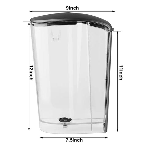 Replacement Water Reservoir With Lid For Keurig K-Elite K90 Coffee Maker, 75 Oz Brushed Silver Tank, side view measurements shown