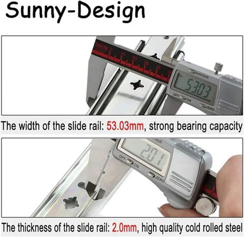 Measurement of Heavy Duty Steel Drawer Slides With Ball Bearings showing width of 53.03mm and thickness of 2.0mm.