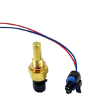 Engine coolant temperature sensor with pigtail connector; brass sensor, black base, red/blue wires, front view