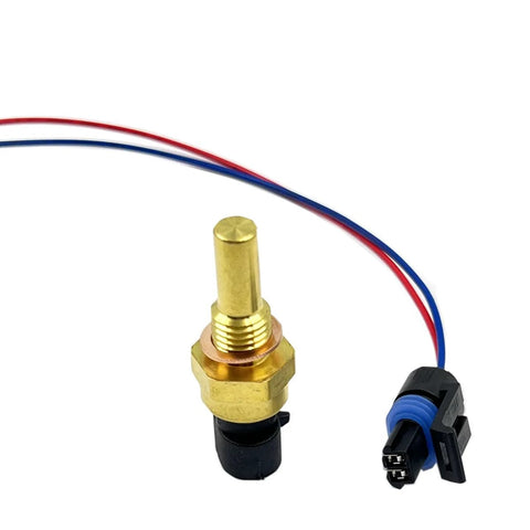 Engine coolant temperature sensor with pigtail connector; brass sensor, black base, red/blue wires, front view