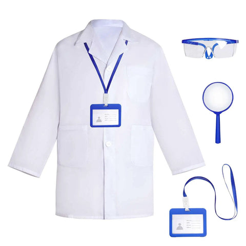 Kids Doctor Scientist Costume Kit With Lab Coat Goggles ID Card Magnifying Glass For Halloween Dress Up Blue XS