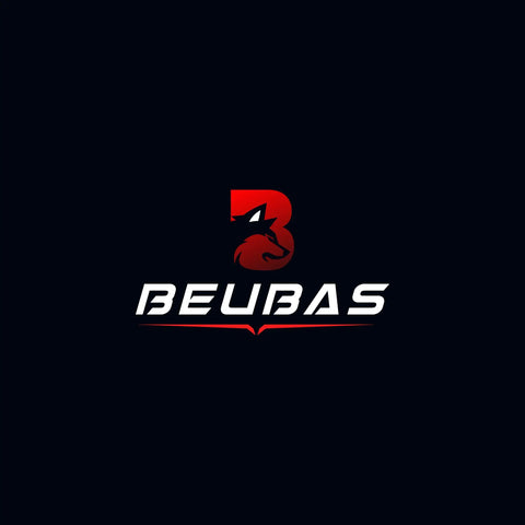 BEUIBAS logo on black background with red wolf icon above white text