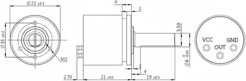 Technical diagram of Rotatable Hall Effect Sensor with dimensions for 360-degree angle readout, 5V output, and 12-bit resolution.