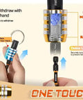 Close-up of 21Pcs Bit Holder Key Chain Set with One Quarter Inch Hex Shank One Handed Quick Change Release Drill Extension in use.