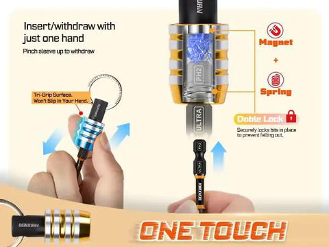 Close-up of 21Pcs Bit Holder Key Chain Set with One Quarter Inch Hex Shank One Handed Quick Change Release Drill Extension in use.