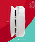 Side view of Wireless Interconnected Smoke And Carbon Monoxide Alarm with dimensions, battery operated, plug and play setup.
