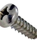 Close-up of No 10 X 1 Stainless Steel Pan Head Sheet Metal Screw Full Thread Phillips Drive Bright Finish Self Tapping 18 8 Grade