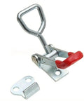 Four Piece Quick Release Latch Clamp Set In 304 Stainless Steel for Boxes Panels and Toolboxes, shown in close-up with red handle