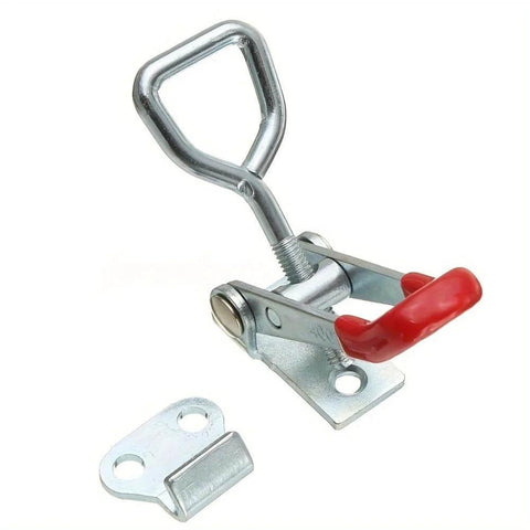 Four Piece Quick Release Latch Clamp Set In 304 Stainless Steel for Boxes Panels and Toolboxes, shown in close-up with red handle