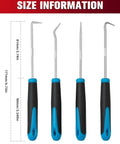 Front view of a four-piece automotive hook and pick tool set with blue/black handles and stainless shafts up to 171 mm.
