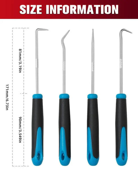 Front view of a four-piece automotive hook and pick tool set with blue/black handles and stainless shafts up to 171 mm.