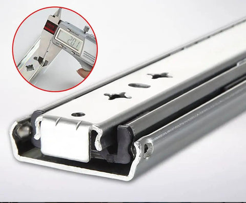 Close-up of Heavy Duty Steel Drawer Slides 300mm showcasing measured width with caliper, side mount for secure cabinet use.