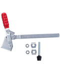 Tough As Nails Quick Release Toggle Fixture For Vertical Woodworking And Welding Projects Polished Iron Hold Down Clamp with red handle.